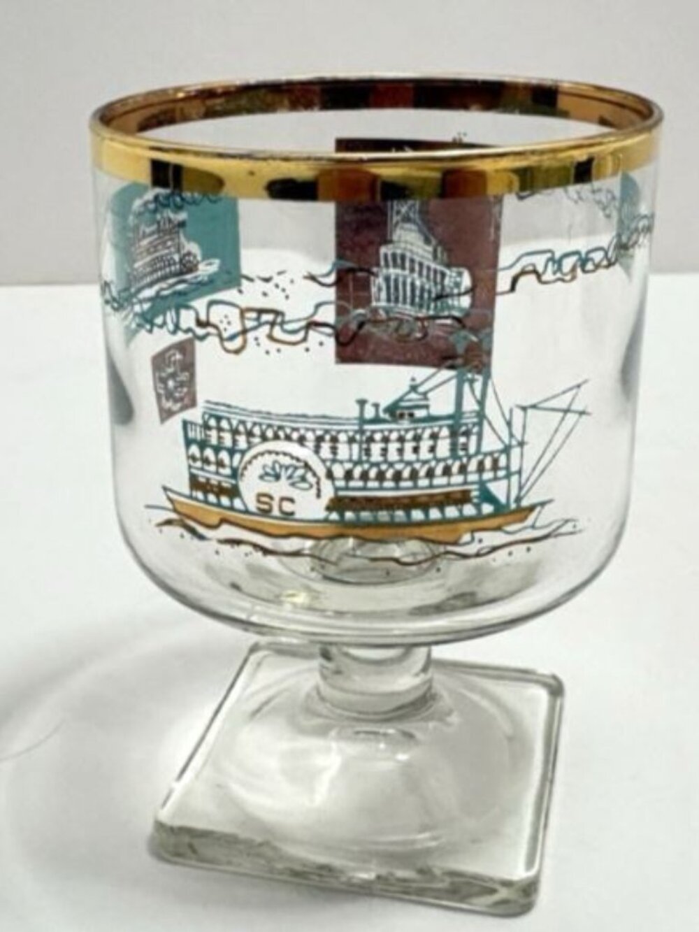 Vintage Libbey Steamboat Footed Glass Teal & Gold Southern Comfort Lot Of 6 MCM